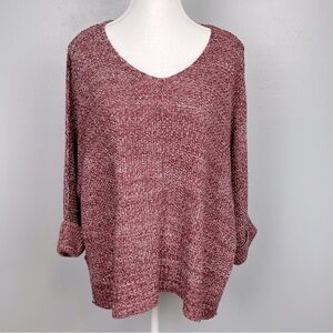 52seven heathered burgundy open knit rolled 3/4 sleeve oversized sweater, small.